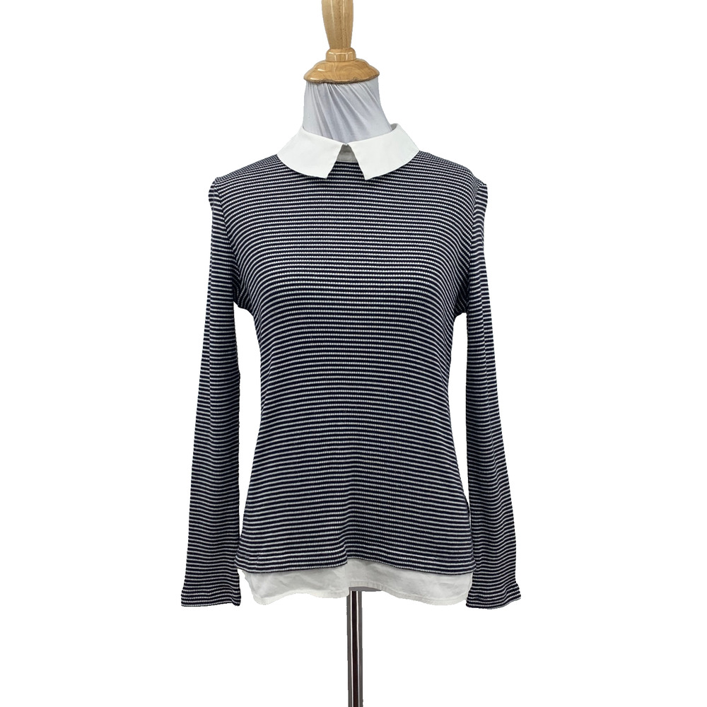 Tory Burch Shirt Womens S Small Navy White Peter Pan Collar Striped Layered Top